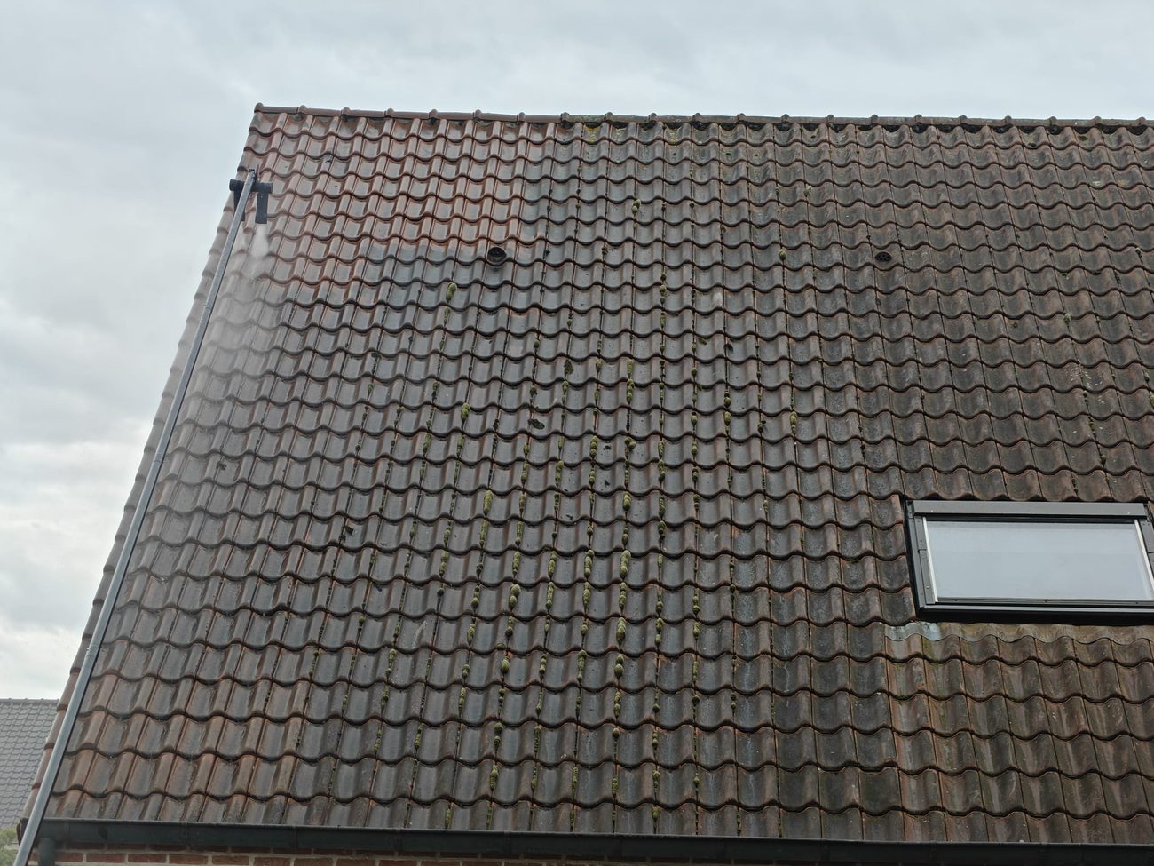 Dak tijdens de reiniging: het gereinigde stuk is duidelijk lichter